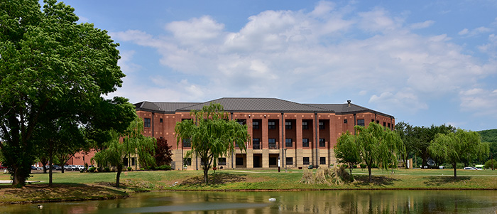 AAMU building with lake in front