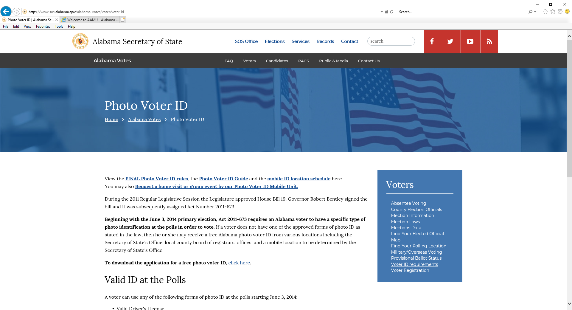 screenshot of Alabama Secretary of State Photo Voter ID webpage