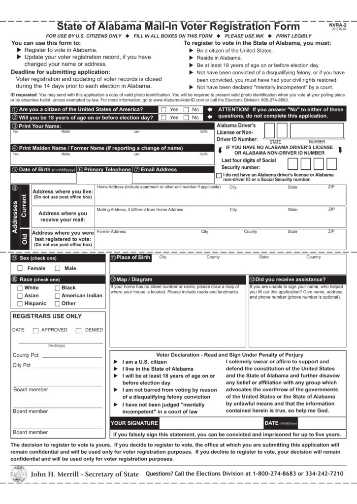 Sample Alabama Voter of Registration Form