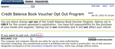 Screenshot of Credit Balance Book Voucher Opt-out  Program screen within Banner Self Service