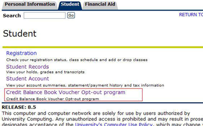 Screenshot of the Student tab within Banner Self Service